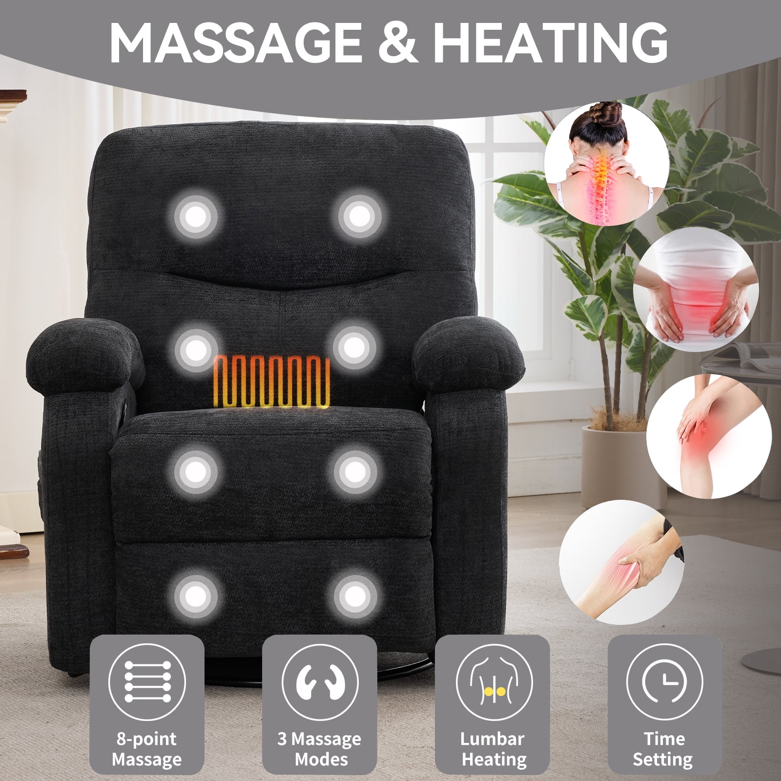 Miniyam 360° Swivel Rocking Recliner Chair with Massage and Heat, Black Chenille with Side Pocket and Footrest