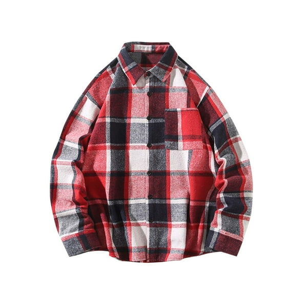 RongHuan Mens Big and Tall Plaid Shirts Casual Button Down Long Sleeve T-Shirt Regular Fit Lapel Plaid Business Work Tshirt