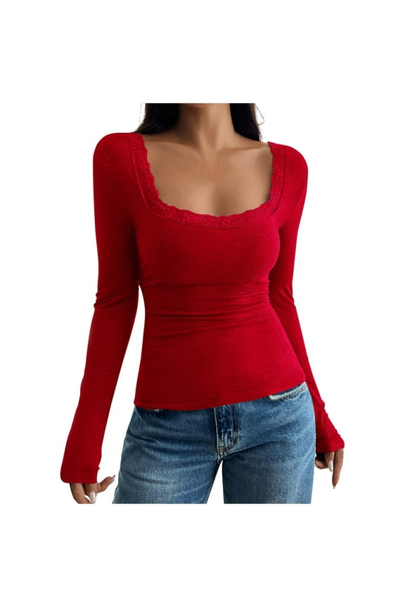Long Sleeve Shirts for Women Slim Fitted Low Crewneck Tees Tight Basic Tops Womens Tops