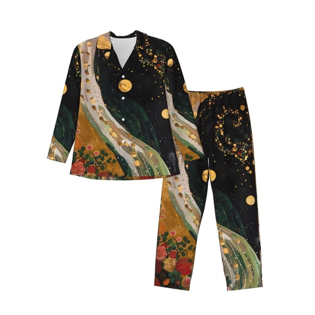 Balery Abstract Gold Floral Galaxy Pijama para Hombre de Dos Piezas con Manga Larga, Conjunto de Dormir y Descanso Suave con Bolsillos-Large