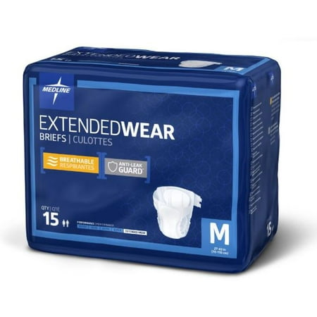 Medline Extended Wear Adult Disposable Briefs with Tabs  Overnight High Absorbency Protection  Medium 27 -43   15 Count