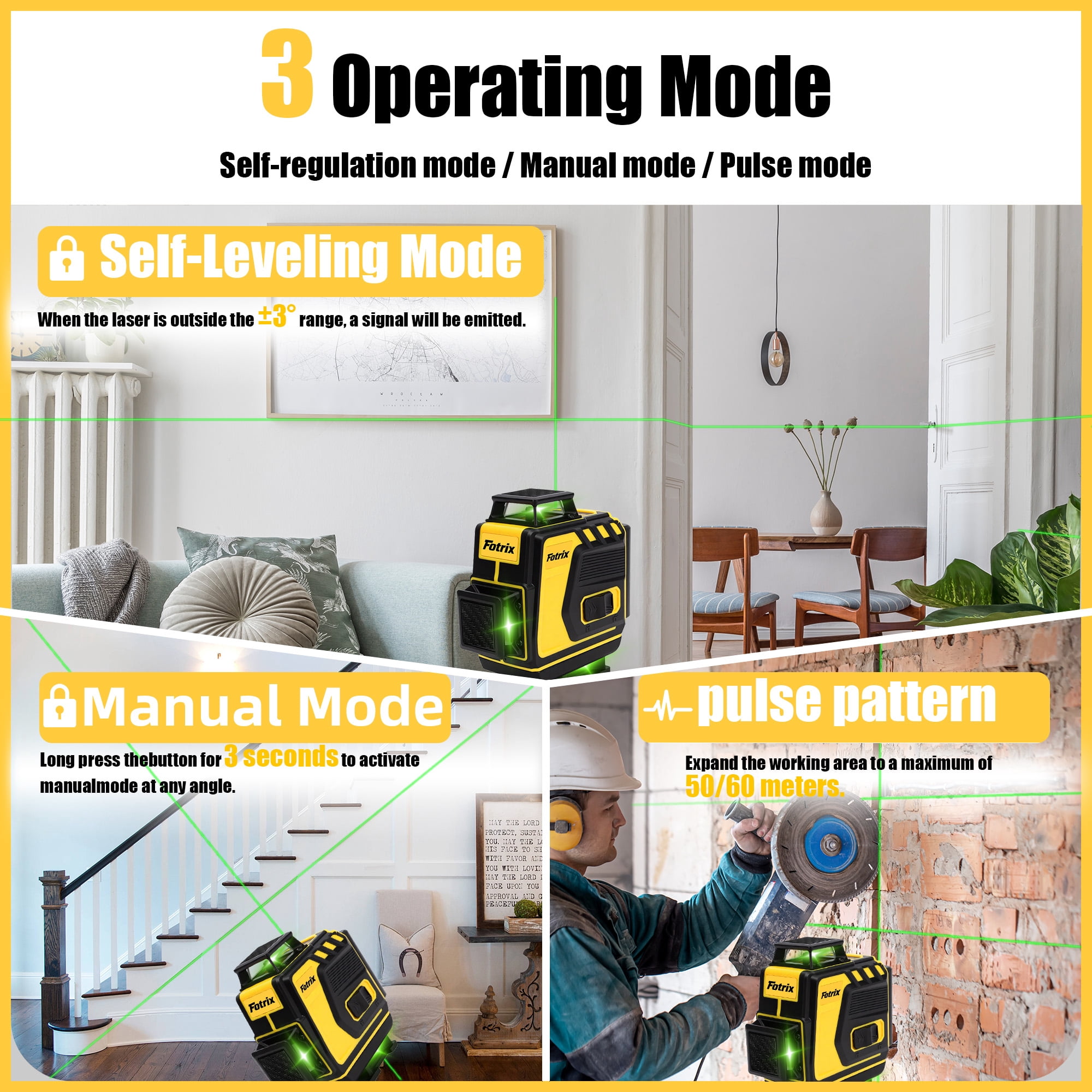 Fotrix 16 Line Green Laser Level, 4 x 360° Self-Leveling Laser with Rechargeable Batteries, Magnetic Bracket and Storage Case