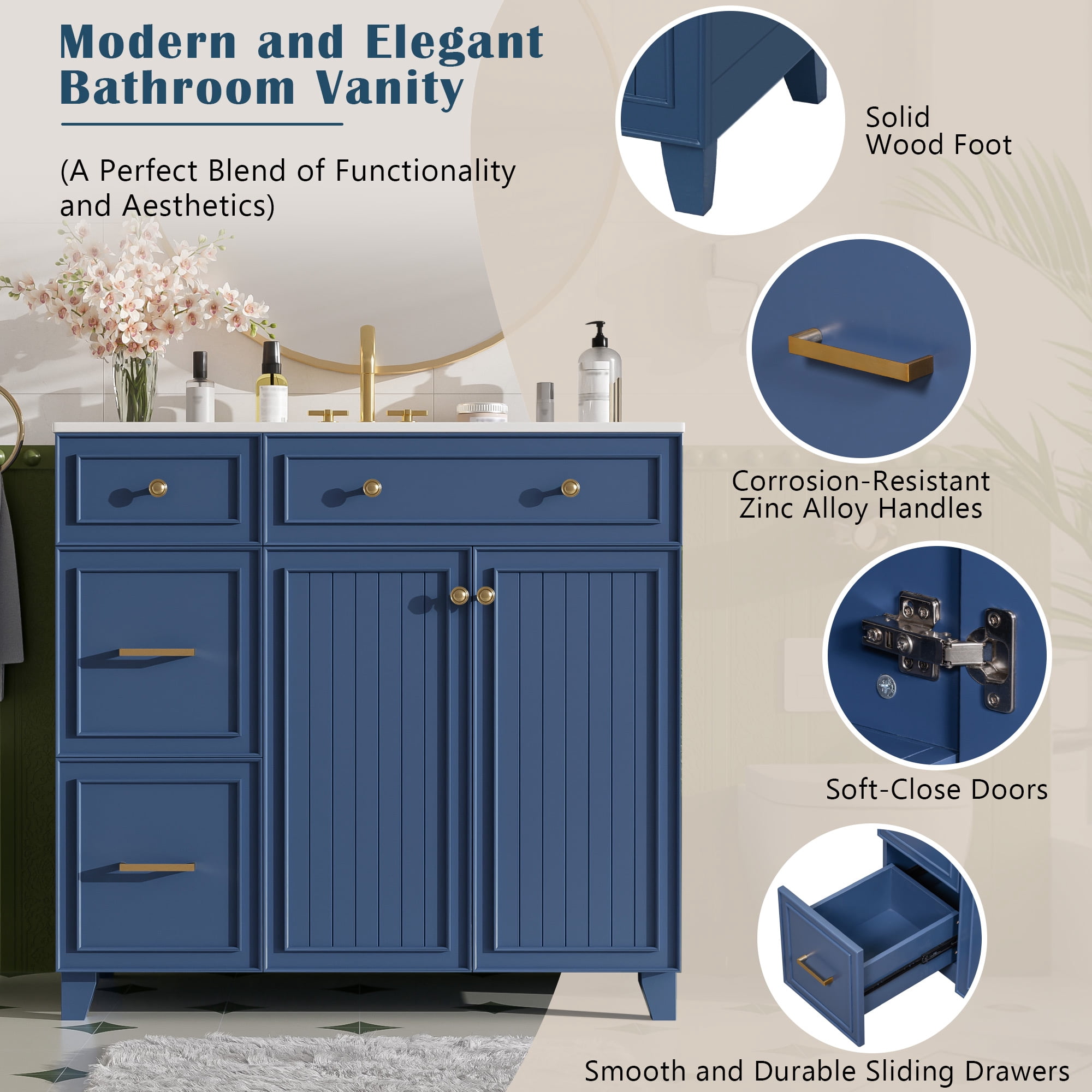 Euroco 36" Bathroom Vanity with Ceramic Sink, Standard and Double-Layer Drawers, Soft Close Doors, Adjustable Shelves, Modern Storage Cabinet for Small and Medium Bathrooms