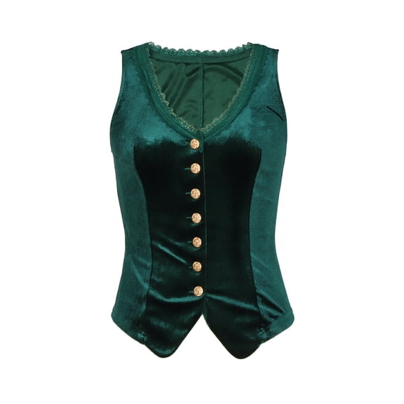 KHONTS Vintage Velvet Lace Trim Vest for Women Sleeveless Slim Fit Button up Velour Waistcoat Tops Dark Green XL