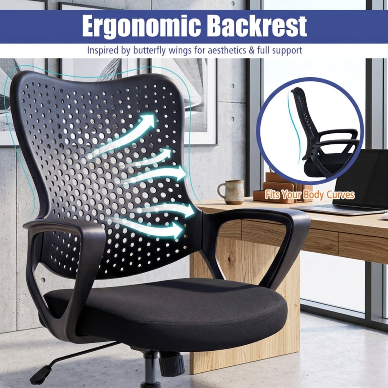 Furnibear Ergonomic Office Chair Height Adjustable Computer Desk Chair with Breathable Butterfly Back and Swivel Base, Black