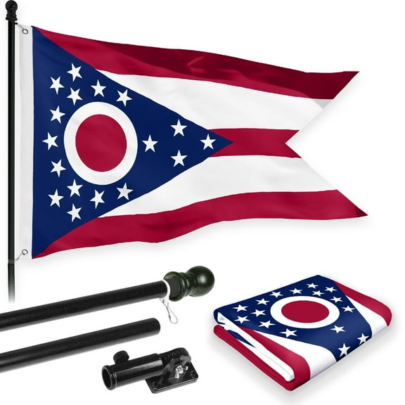 G128 Combo Pack: 6 Feet Tangle Free Spinning Flagpole (Black) Ohio OH State Flag 3x5 ft Printed 150D Brass Grommets (Flag Included) Aluminum Flag Pole