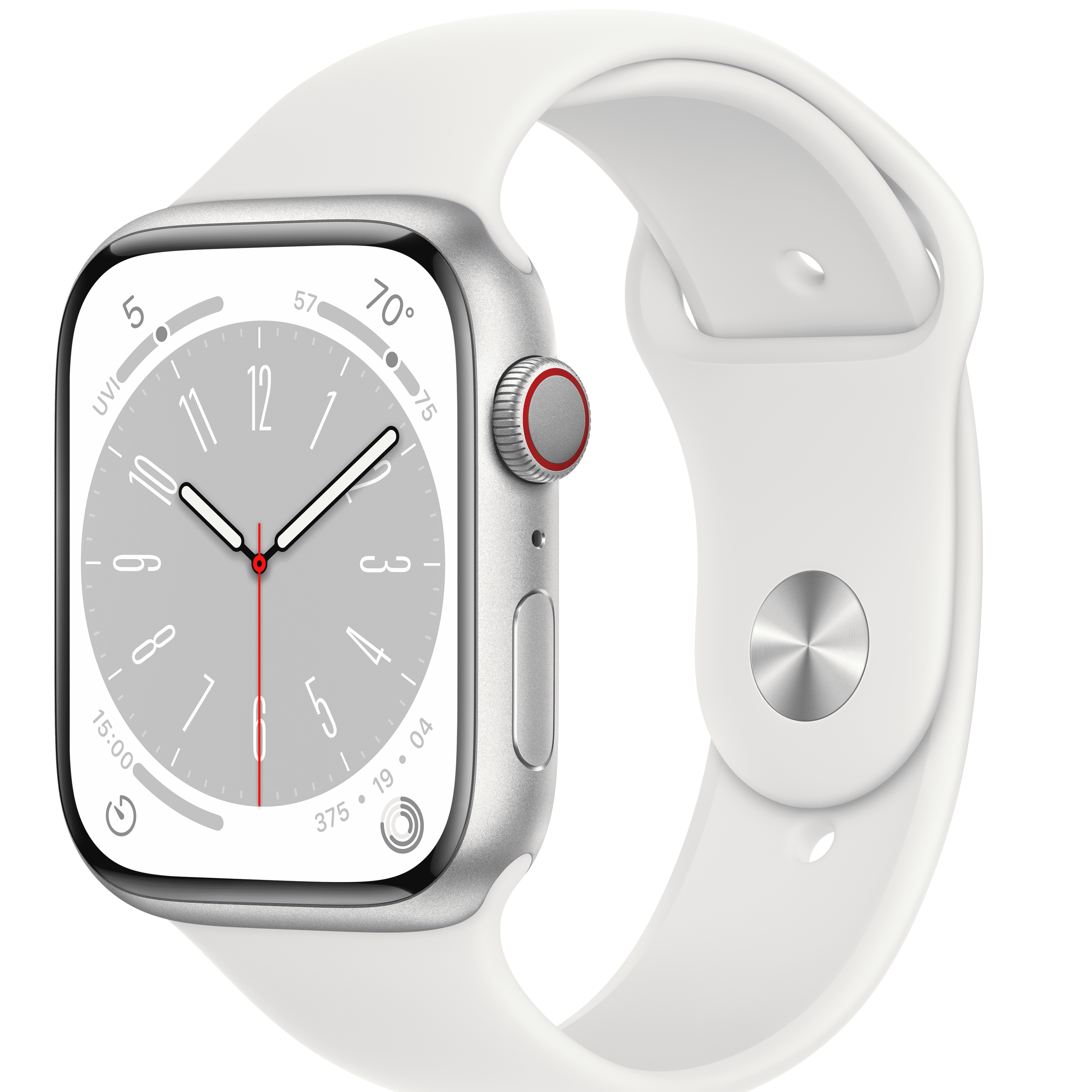 Apple Watch Series 8, GPS + Cellular, 45mm Silver, White Sport 