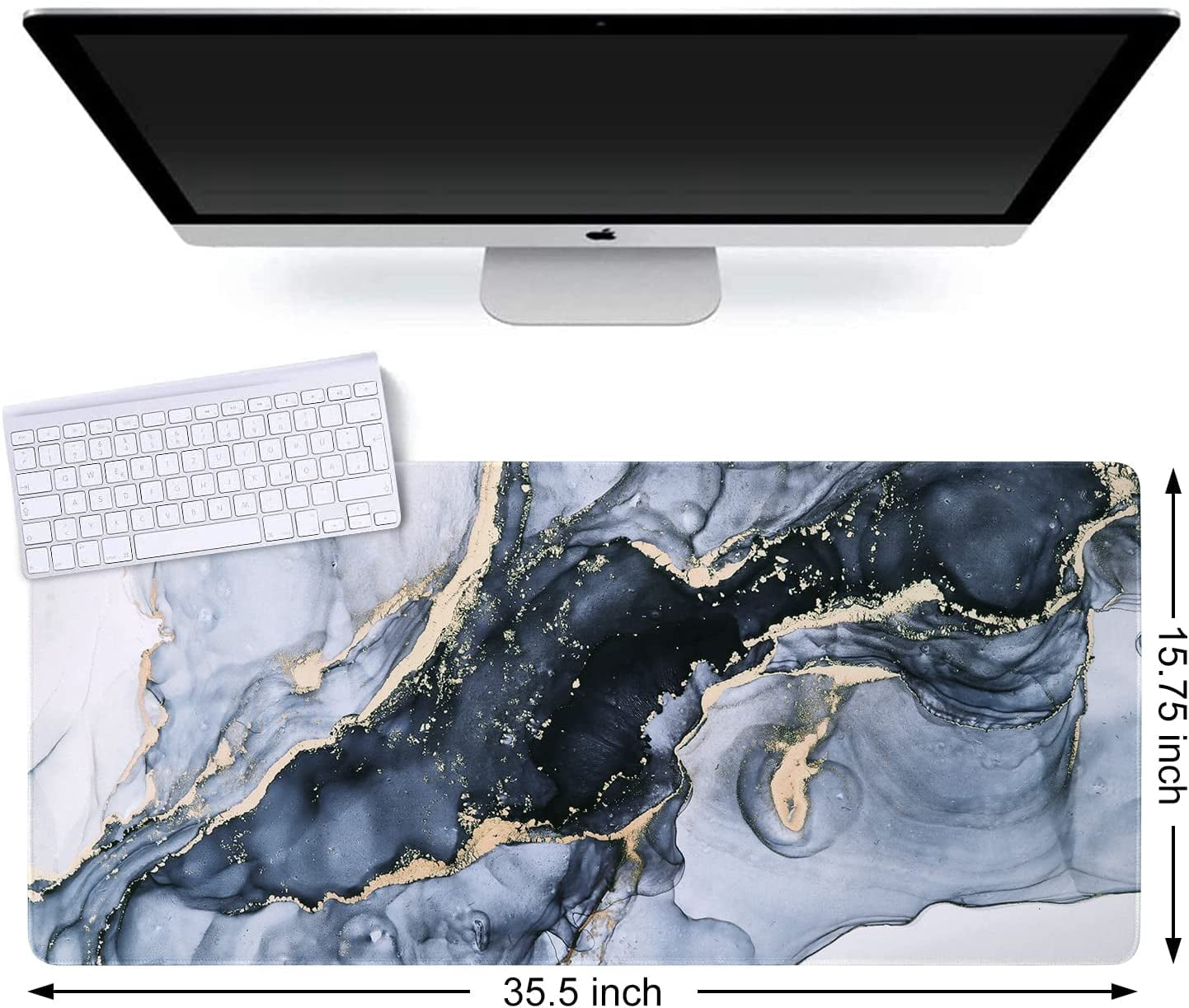 Extended Gaming Mouse Pad, Non-Slip Water-Resistant Rubber Base Computer Keyboard Mouse Mat Desk Protector, 35.5x15.75-inch 3mm Thick XX-Large, Ideal Partner for Work & Game (Dark Blue Marble)