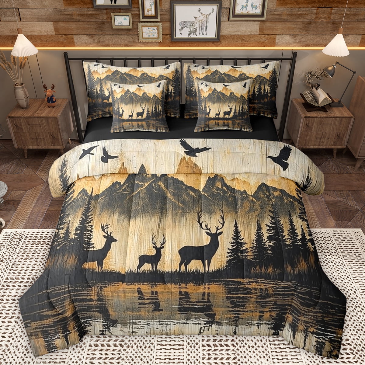 Homewish Jungle Wildlife 7pcs Bedding Comforter Set Natural Landscape Mountain Pine Queen Bedding Sets Rustic Western Cowboy Queen Sheet Sets For Teens Super Cozy Room Decor Reversible