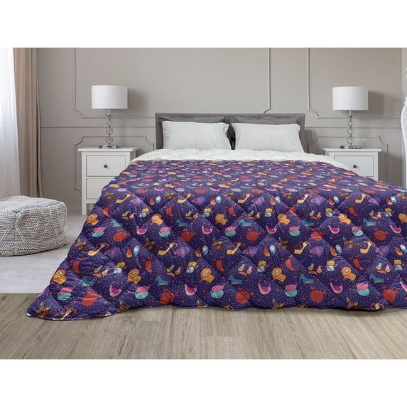 Cartoon Down Alternative Comforter, Funny Rabbit Faces and Hearts Girly Easter Bunnies Grumpy Joyful, Microfiber Quilt for All Season, 5 Sizes, Dark Teal Pale Grey and Rose, by Ambesonne