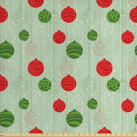 Retro Upholstery Fabric Christmas Fabric by The Yard, Wavy Striped Baubles on Strings Snowy Winter Retro Design Xmas Print, Decorative Fabric for Upholstery and Home Accents, by Ambesonne ()