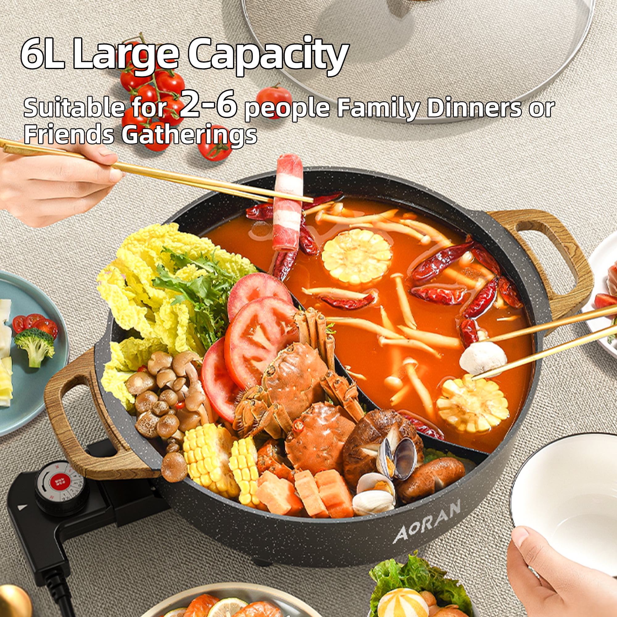 AORAN Electric Hot Pot with Divider, 6L Large Capacity Double-Flavor Non-stick Pot, Smokeless Cooking Pot with Temperature Control, Suitable for 2-8 People