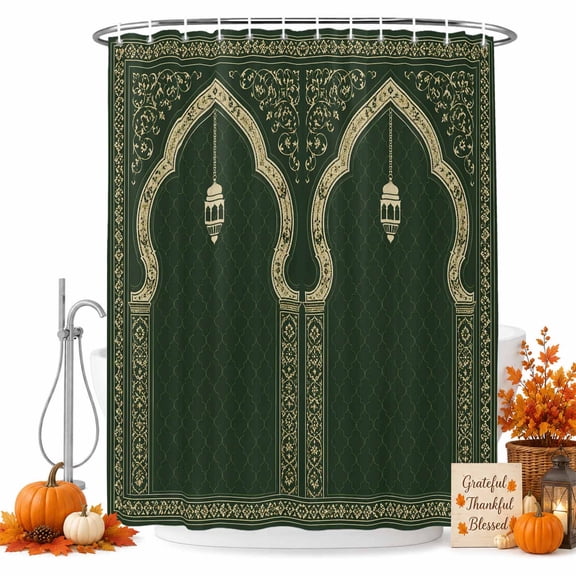 Boho Archway Shower Curtain, Waterproof Shower Curtains for Bathroom, Vintage Traditional Ethnic Forest Green Floral Washable Fabric Bathtub Curtain Set Bath Decor with 12 Hooks Extra Long 72"x96"