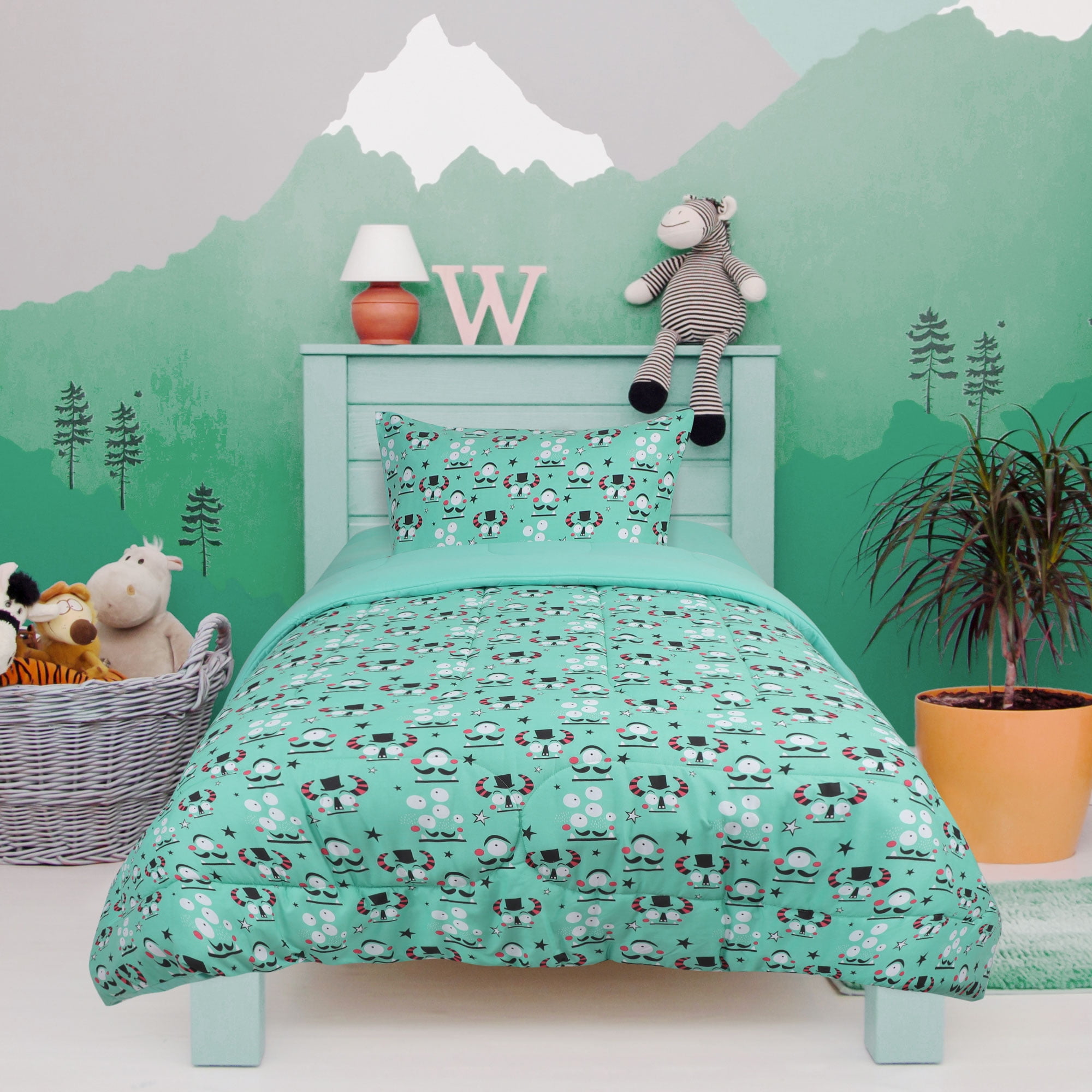 PiccoCasa Twin Polyester Kids Comforter Set Bed in a Bag 4 Piece, Green