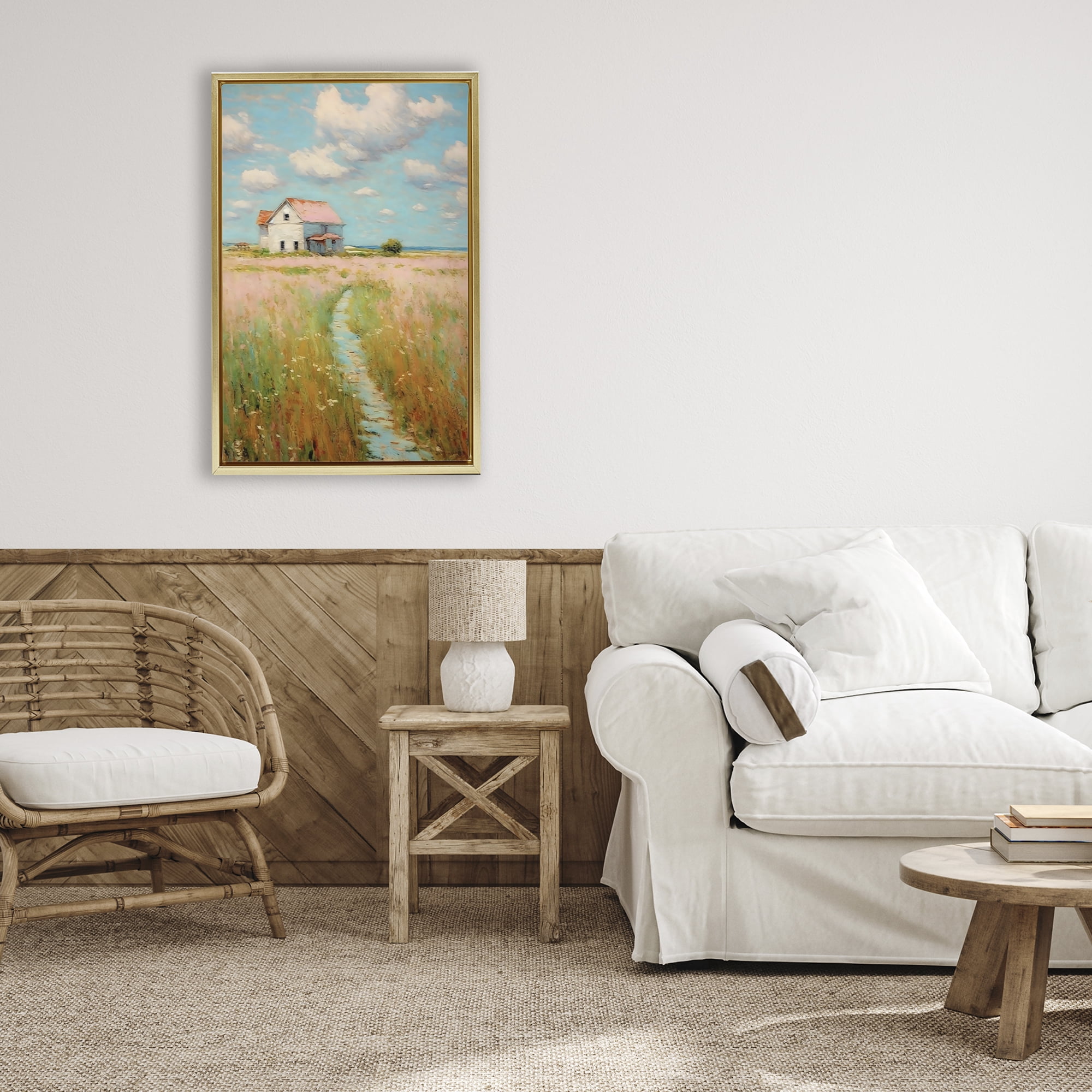 Stupell Industries House in Field of Flowers Gold Framed Floater Canvas Wall Art, design by Creative Studio