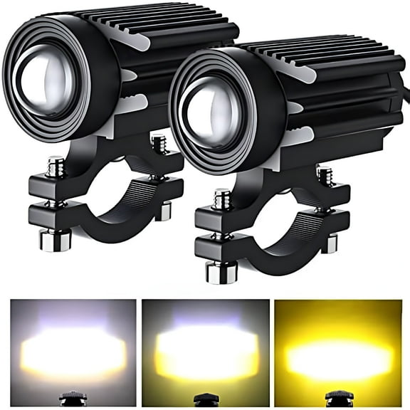 HIBIBUD Motorcycle Driving Lights 12000LM Tri-Color Mini Led Headlights Fog Lights 12W 6000K Super Bright Amber White Aux Spotlight for Motorcycle Truck ATV SUV Car Yacht, 2 Pack