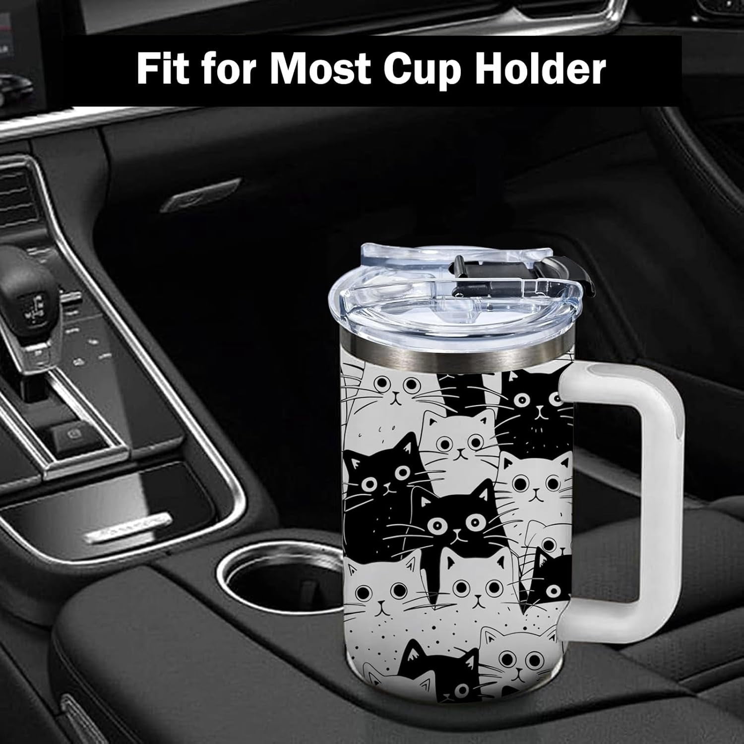 Cat Lover Gifts, Gift for Cats Lovers Women Men Girls Funny 40oz Black Cats Themed Tumbler Cups with Handle - Everything Is Fine Mug, Christmas Birthday Gift for Black Cat Mom Lady Gifts Cup