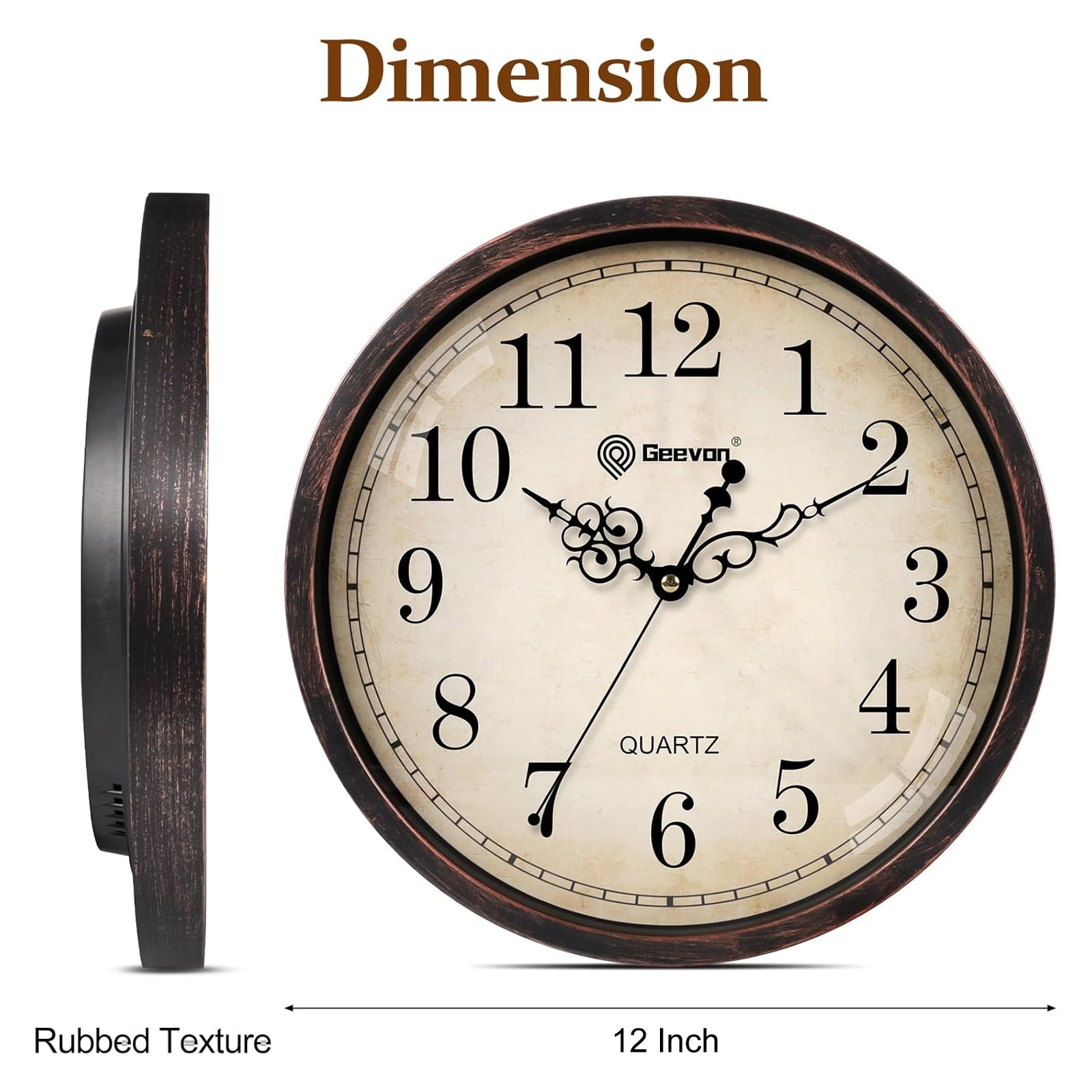 Geevon Vintage Wall Clock, Silent 12" Non Ticking Retro Round Clock Quartz Decorative Battery Operated Wall Clock for Kitchen, Office, Classroom, Bedroom, Living Room Decor