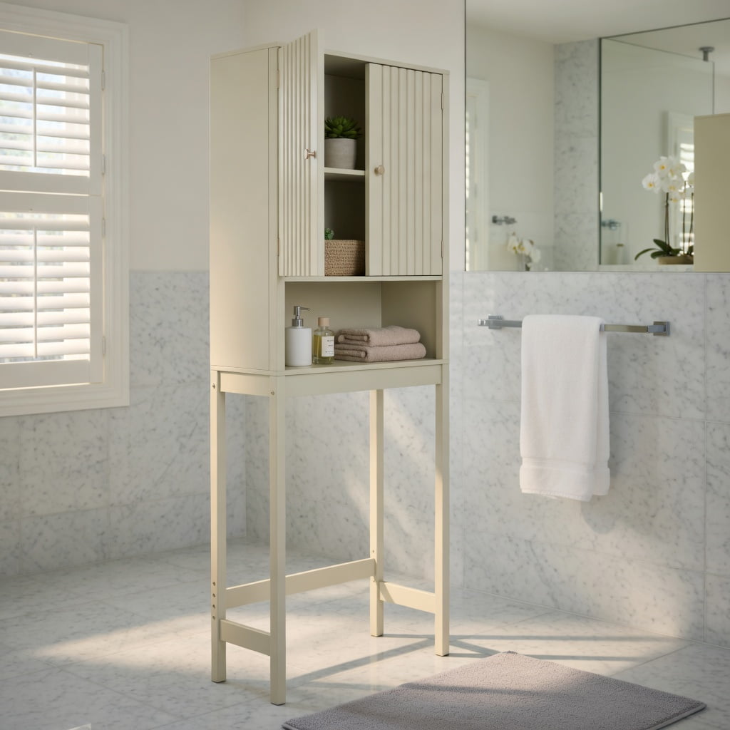 Hommoo Over-the-Toilet Storage Cabinet with Fluted Beige Doors, Adjustable Shelves & Bottom Bar, MDF Bathroom Organizer for Small Spaces, Beige