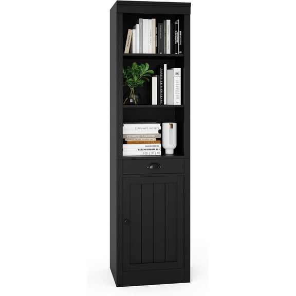 GAOMON Dressers, 71" Tall Narrow Bookcase with 1 Door, 1 Drawer, 5 Tiers Adjustable Shelf, Black, Space Saving Storage Organizer for Home Office, Bedroom, Living Room