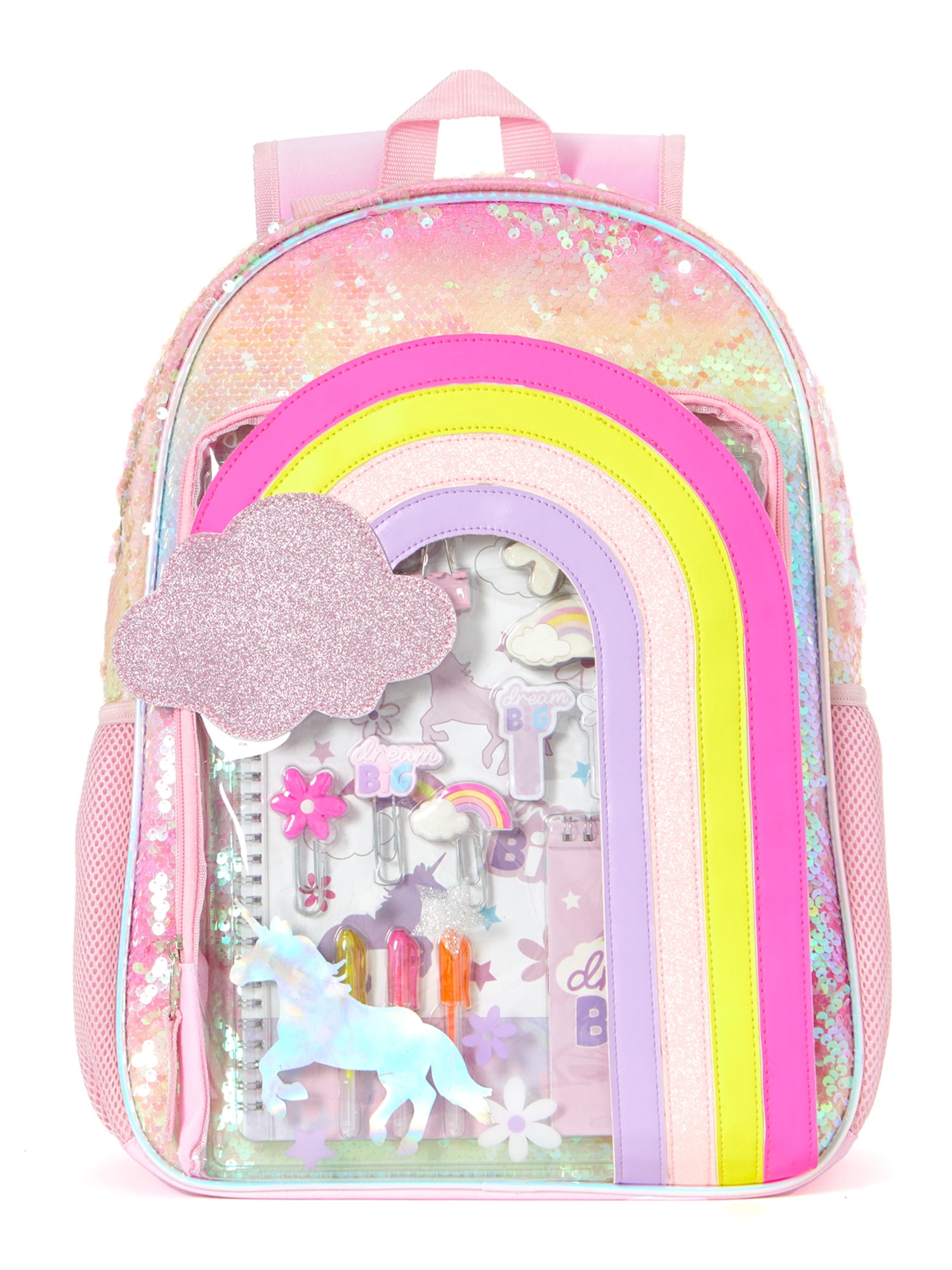 Schoolyard Vibes Rainbow Girls 17" Sequin Stationary Kids Backpack Set