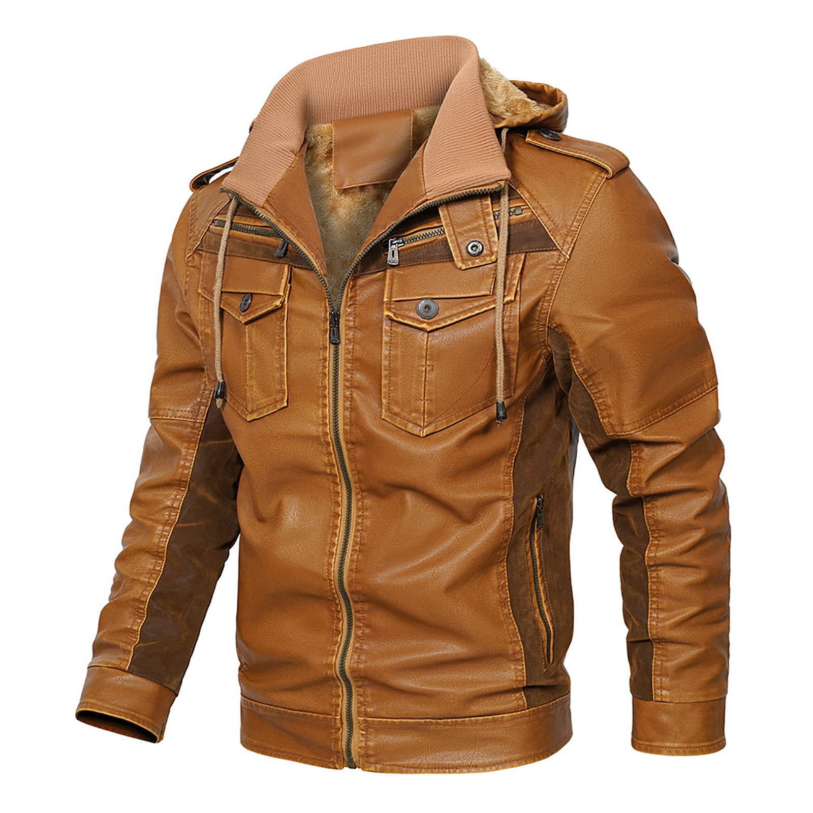 Zpanxa Men's Velvet Lined Leather Jacket Solid Color with Zipper