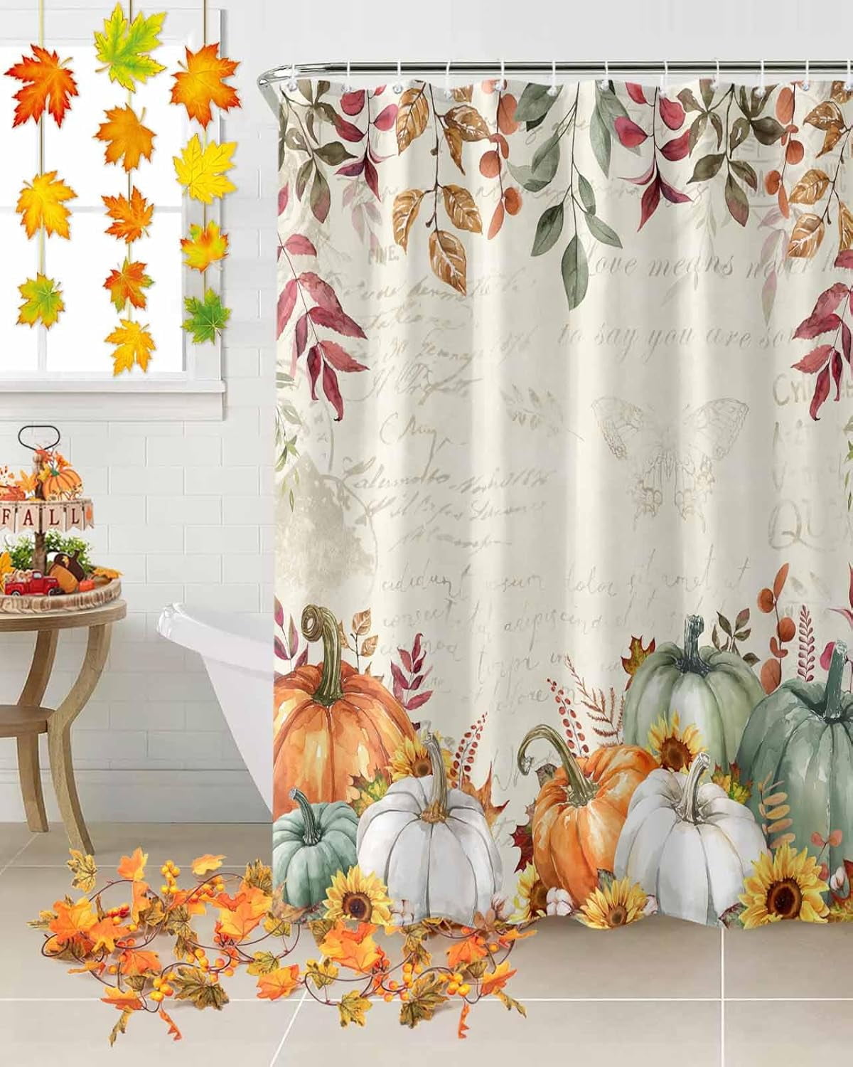Fall Shower Curtain Sage Green Pumpkin Shower Curtains for Bathroom Sunflower Eucalyptus Leaves Retro Bath Curtains Sets with Hooks for Autumn Thanksgiving Seasonal Decor Extra Long 84" X 72"