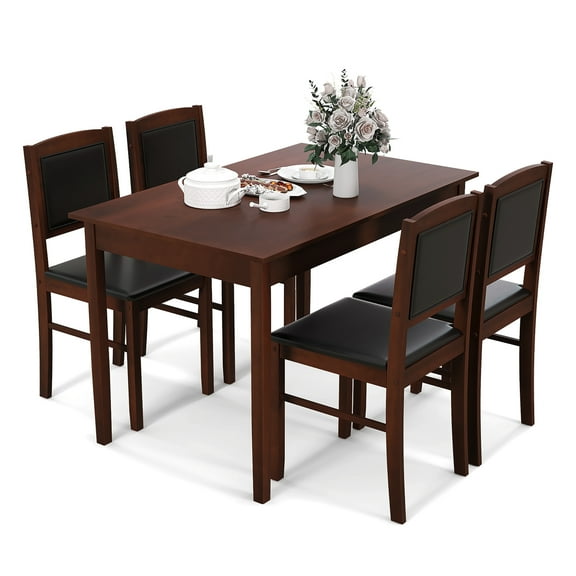 Gymax 5 PCS Dining Table Set for 4 w/Rubber Wood Legs Upholstered Seat Padded Backrest Brown