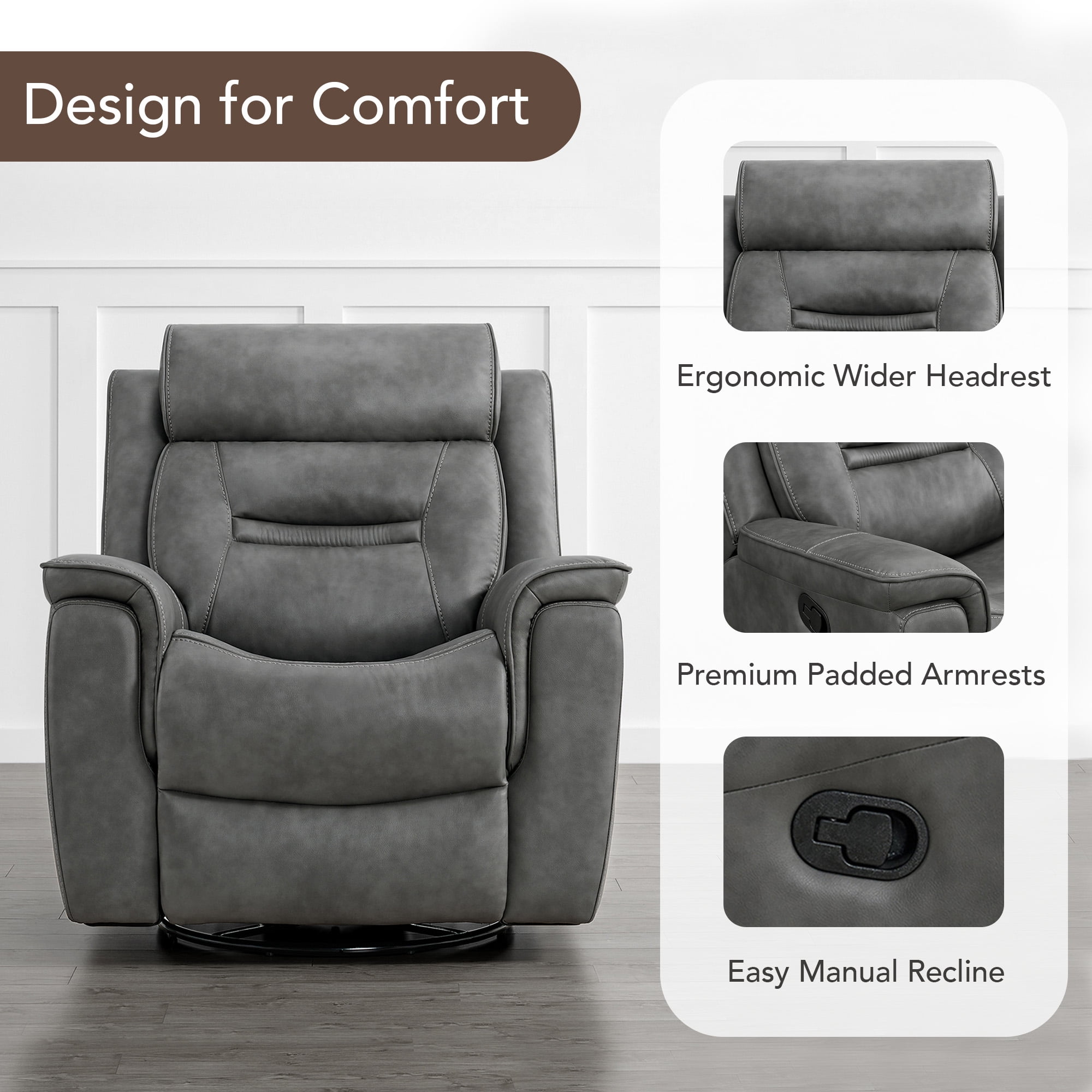 Spruce & Spring360° Swivel Manual Recliner with Glider Motion for Living Room, Dark Gray