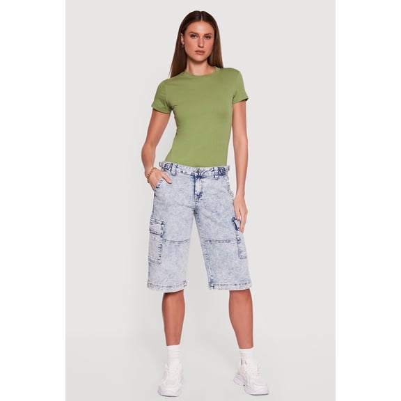 Women's Almost Famous Acid Wash Denim Cargo Bermuda Shorts