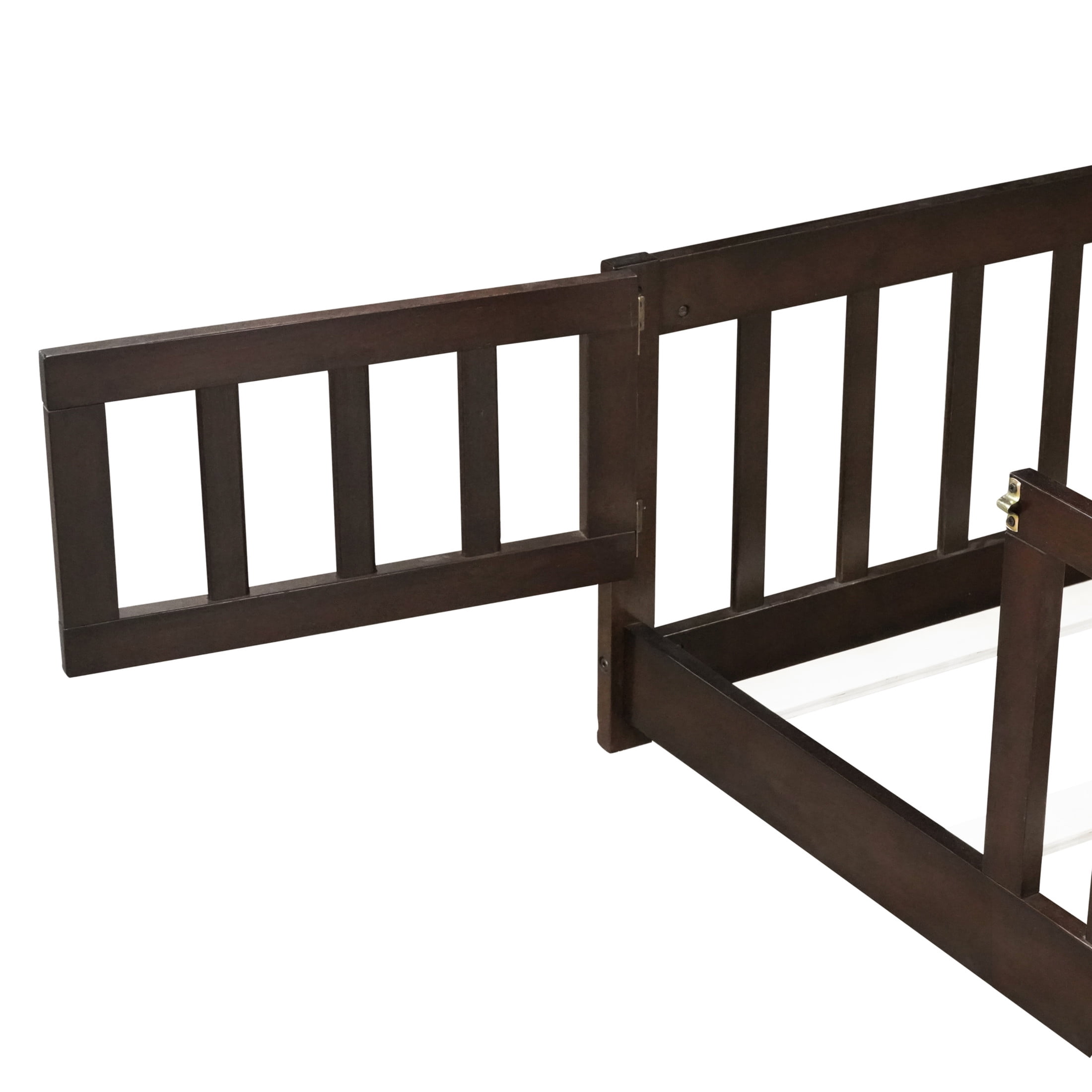 Noble House Corvel Full Size Rubber Wooden Floor Bed with Safety Guardrails & Latching Fence Door, Espresso