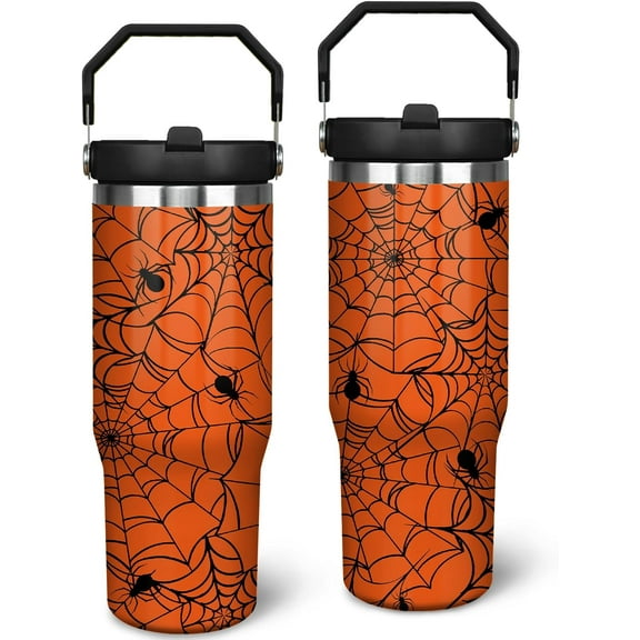 30 oz Halloween Tumbler with Handle and Straw, Orange Spider Web Stainless Steel Vacuum Insulated Travel Coffee Mug Cup Water Bottle, Halloween Decor Stuff Gifts for Women