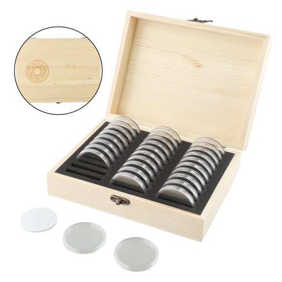 LEFU for Wooden Coin Storage Box with Adjustable Compartments - 30 Slots Commemorative Coin Collection Case for Various Sizes 18-46mm Diameter Coins