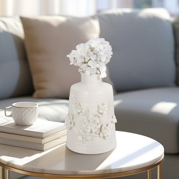 Ceramic Vase - Floral Embossed Stoneware, Boho Glam Decorative Accent for Home, Office, Bedroom, Living Room - Elegant Modern Flower Design - 11" White