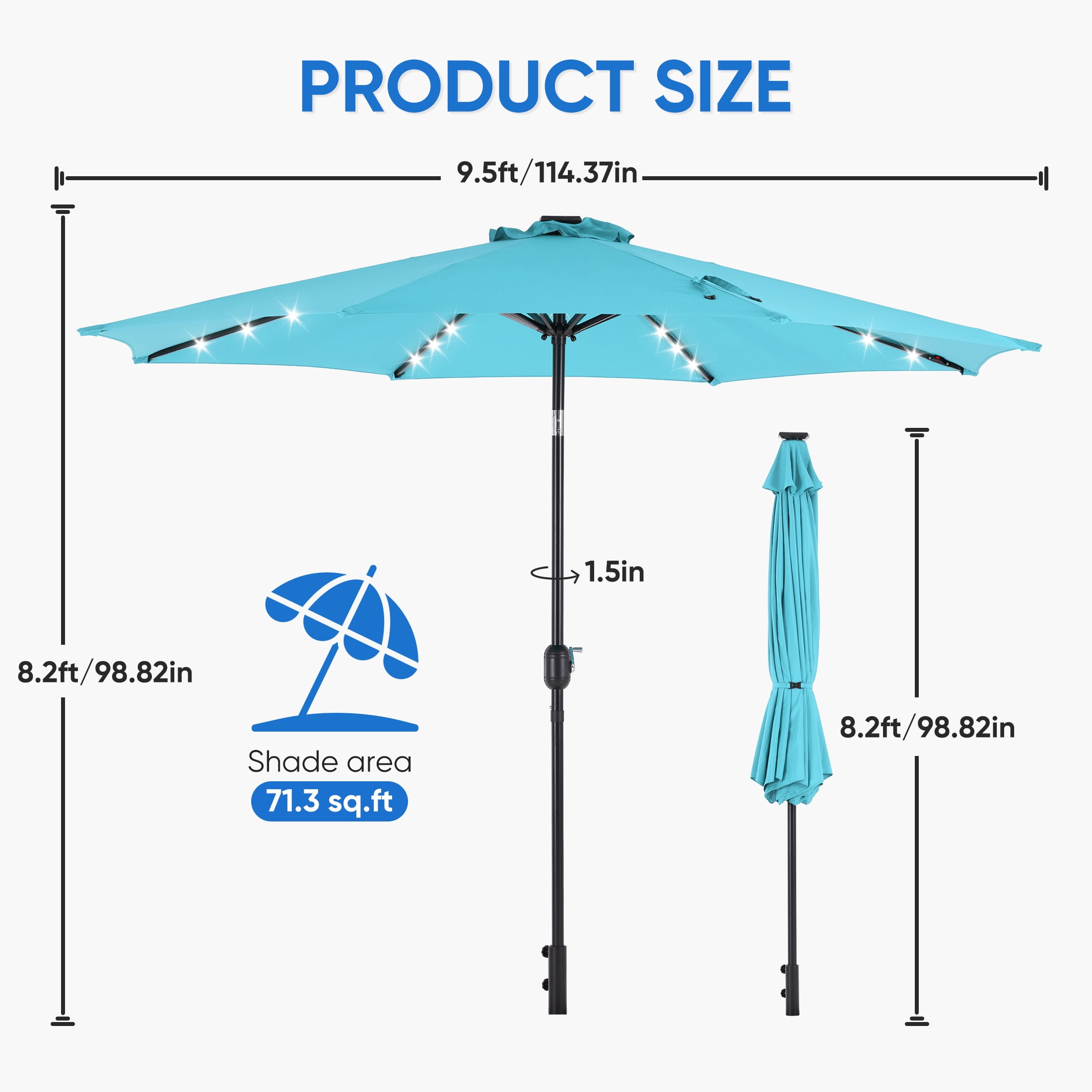 edx 10ft Solar 32 LED Lights Patio Umbrella with Tilt Adjustment and UV-Resistant Polyester Fabric，Market Umbrella for Outdoor, Lake Blue