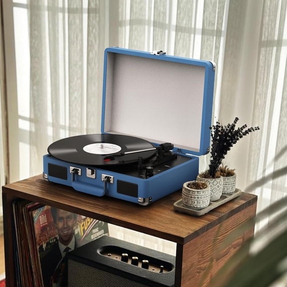 Portable Bluetooth Vinyl Record Player 3-Speed Suitcase Turntable with Built-in Speakers, RCA & Headphone Output for Flexible Home Use