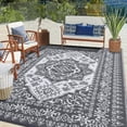 thumbnail image 1 of Outdoor Waterproof Reversible Plastic Straw Rug – Large UV-Resistant Patio Carpet – Medallion Design, Durable – For Deck, Porch, Garden, Camping, RV – Gray & White, 9x12ft (274x360cm), USA, 1 of 9