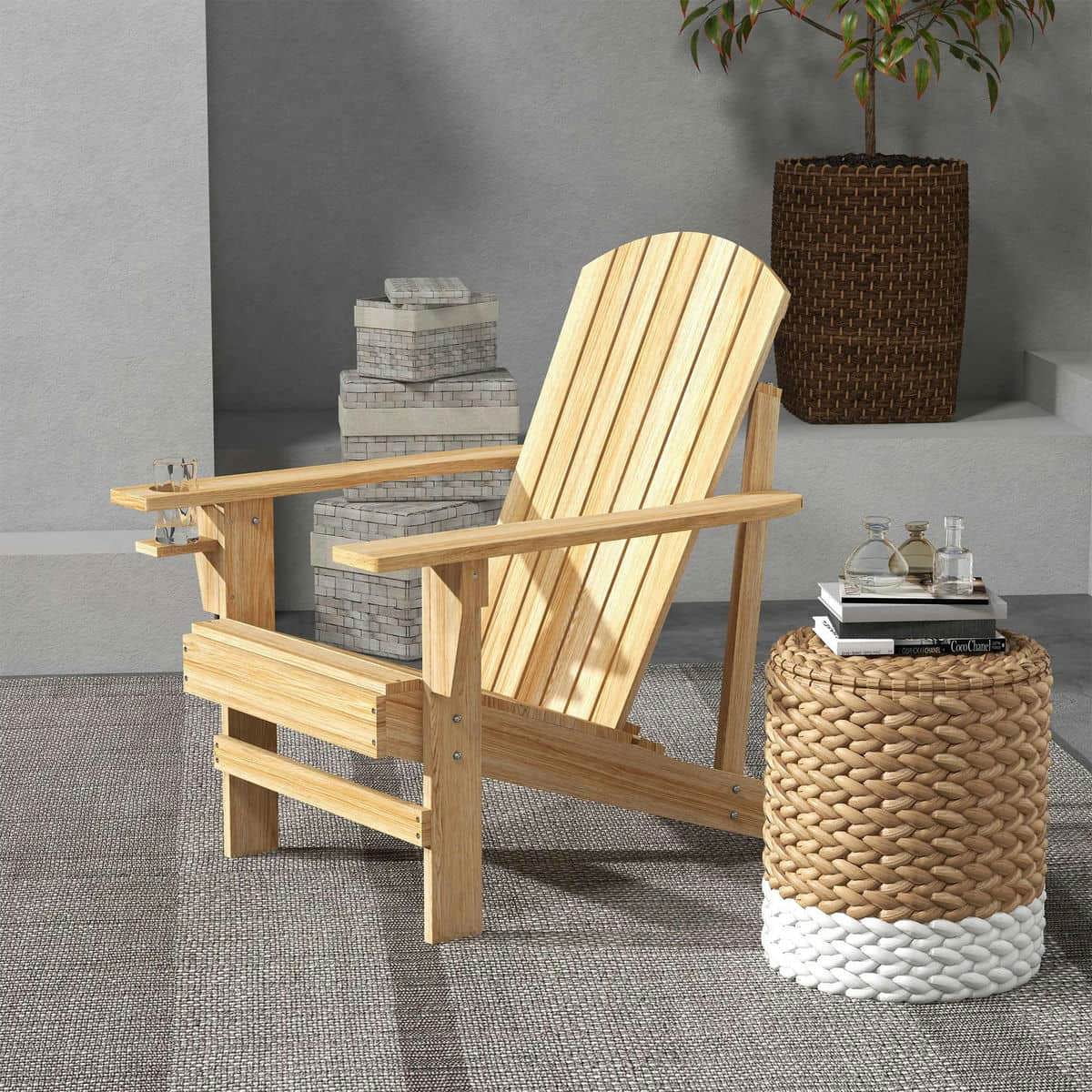 Yardi Yarda Oversized Adirondack Chair, Outdoor Porch Seating, Classic Log Lounge with Built-in Cupholder, Natural