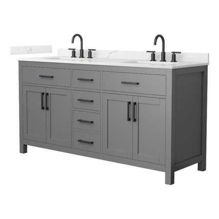 Beckett 66" Dark Gray Double Vanity & Giotto Quartz Top (3-Hole) & Black Trim