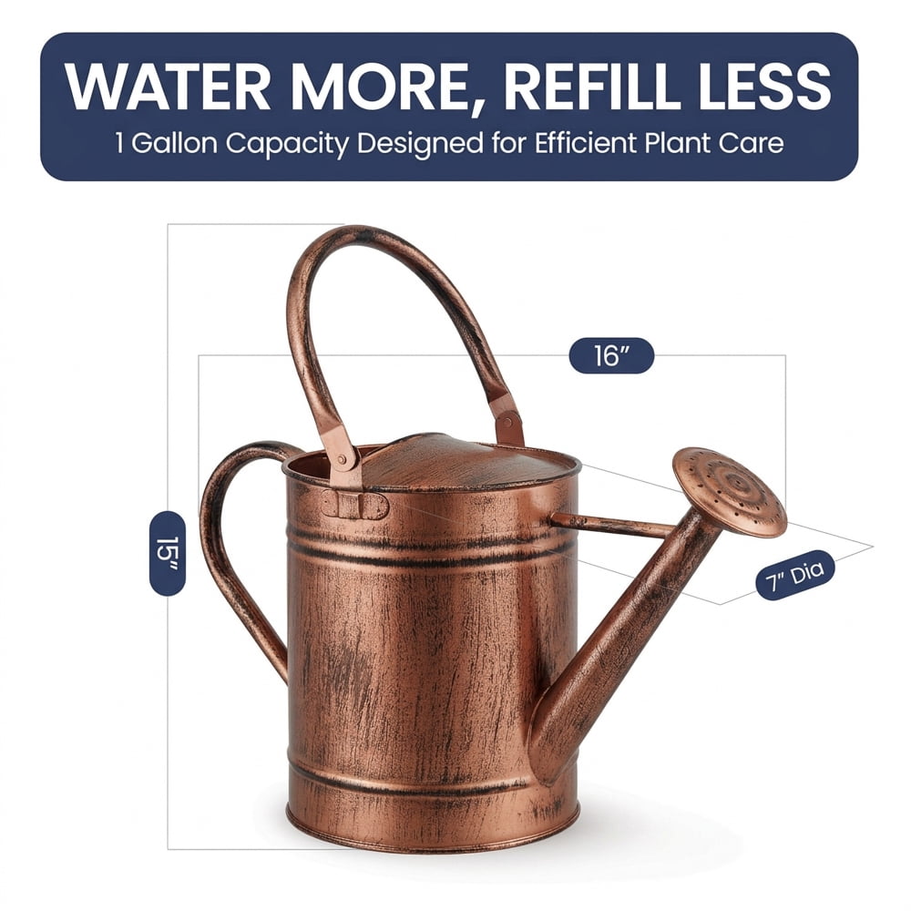 1-Gallon Steel Watering Can with Removable Sprinkler Head Ideal for Indoors & Outdoors, Copper