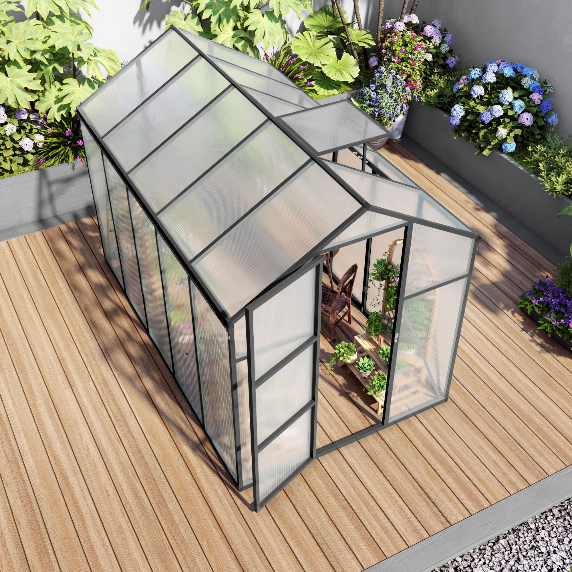 MAYEERTY 6x10 FT Walk-in Greenhouse with Raised Base & Aluminum Frame, All-Season Windproof Greenhouse for Backyard, Garden & Patio