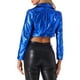 thumbnail image 3 of CHAQUETA METÁLICA HOLOGRÁFICA BRILLANTE DE MANGA LARGA CON SOLAPA PARA MUJERES INSPIRADA EN LA MODA TAMAÑO M AZUL, 3 of 5