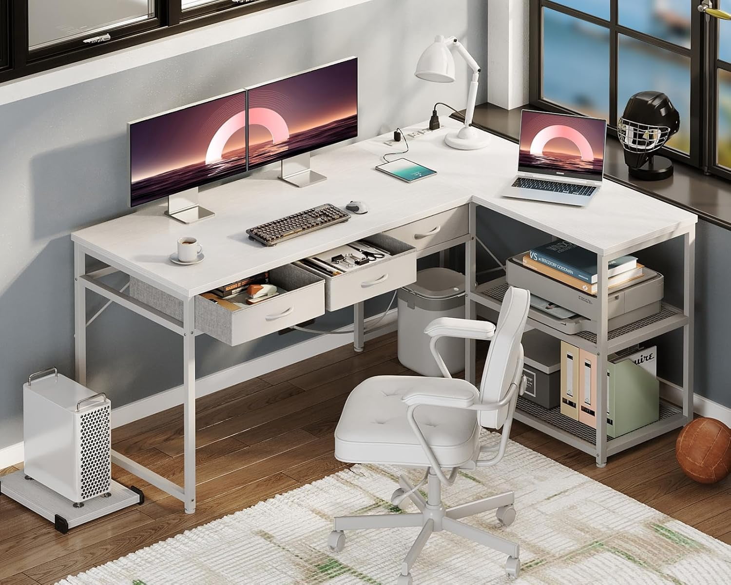 53 Inch L Shaped Computer Desk with Drawers, Power & Reversible Storage Shelves, White