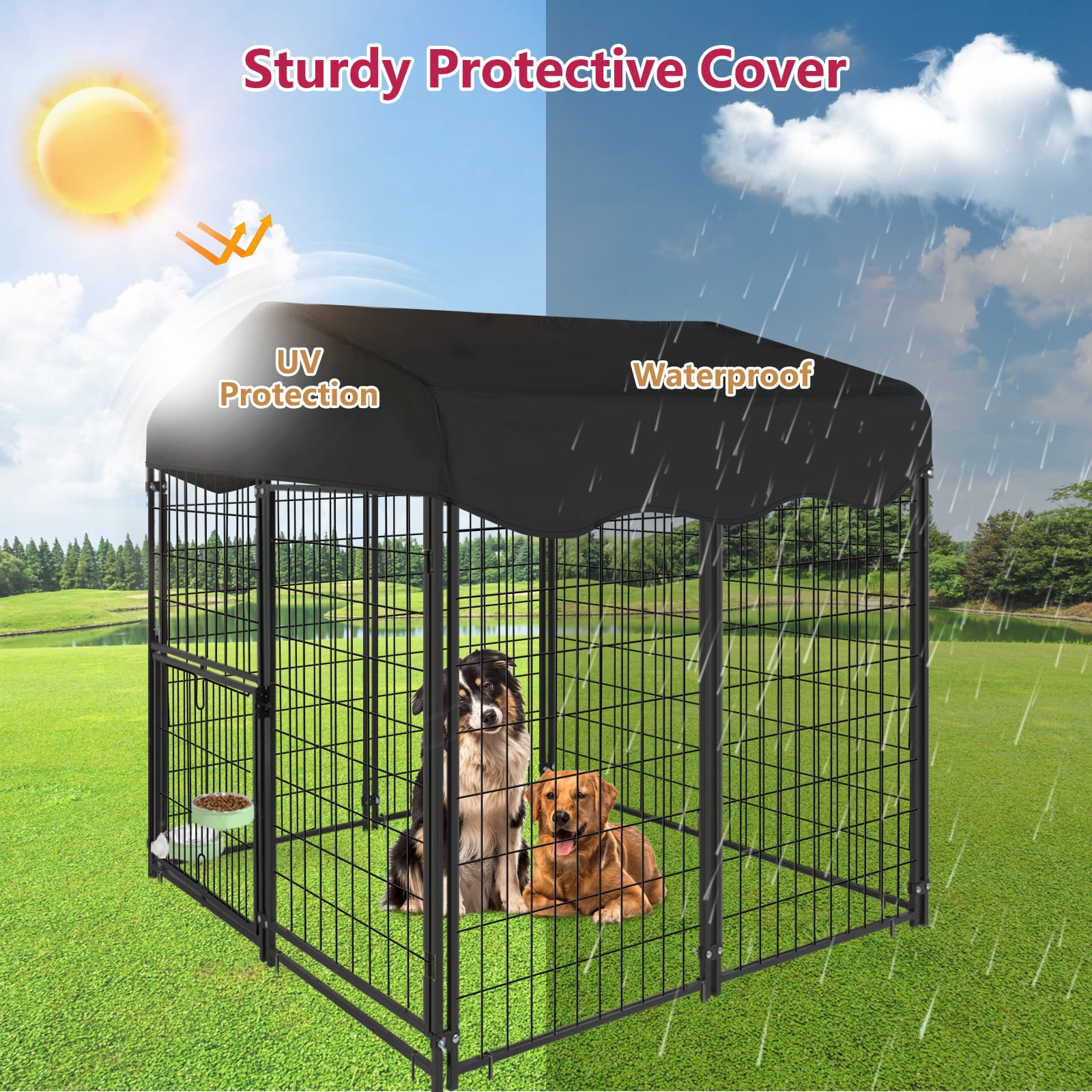 Jhsomdr Outdoor Dog Kennel 4.2ft x 4ft x 4.5ft Welded Wire Large Dog Kennel Dog Cage for Medium/Small Dogs, Heavy Duty Dog Crate with Rotating Feeding Door & UV-Resistant Cover