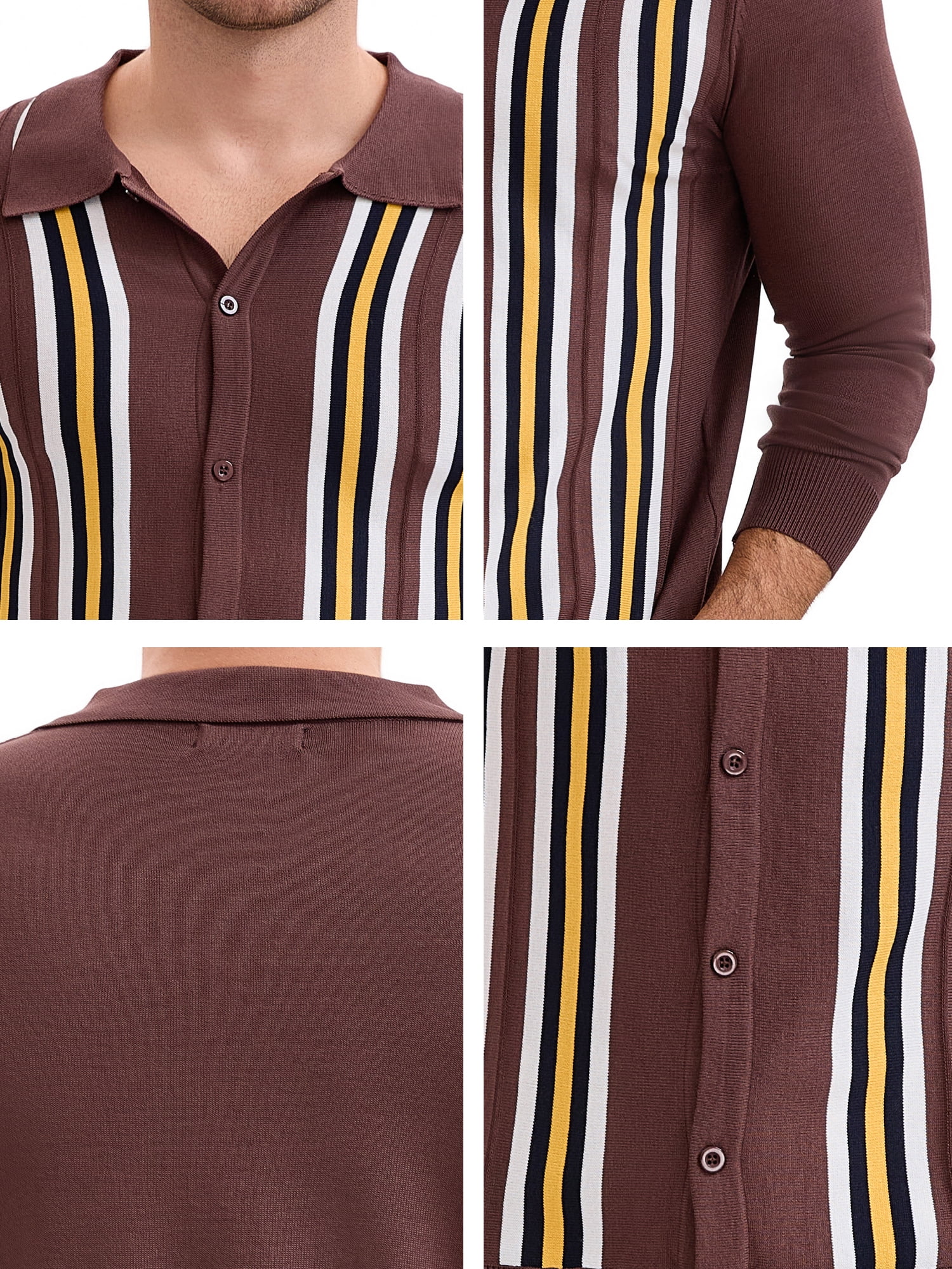 DARING DIVA Men's Long Sleeves Button Down Printing Knitted Polo Shirts 2XL Brown