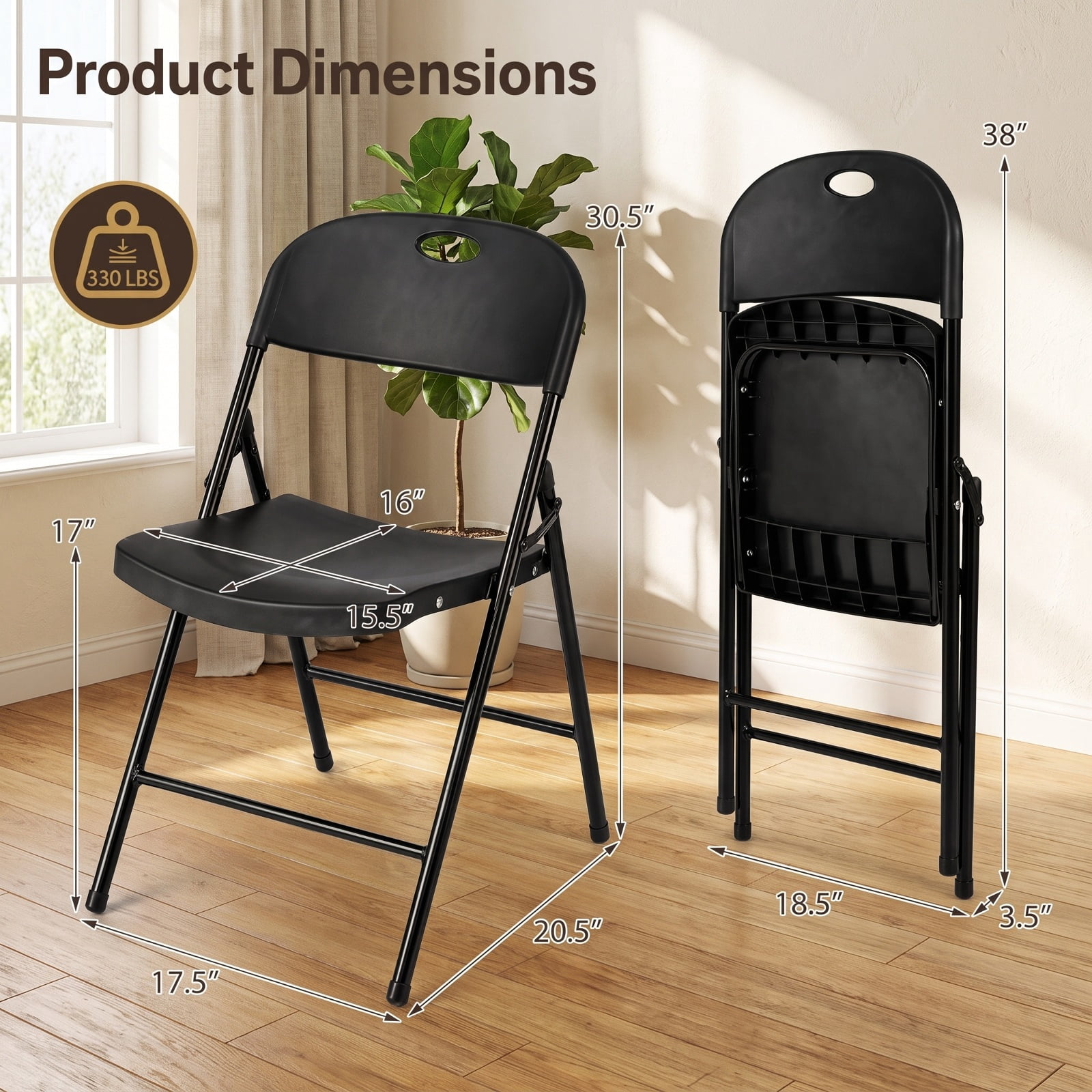 Furnibear Set of 4 Foldable Plastic Chairs with Ergonomic Backrest for Kitchen Dining Room Living Room Home, Black