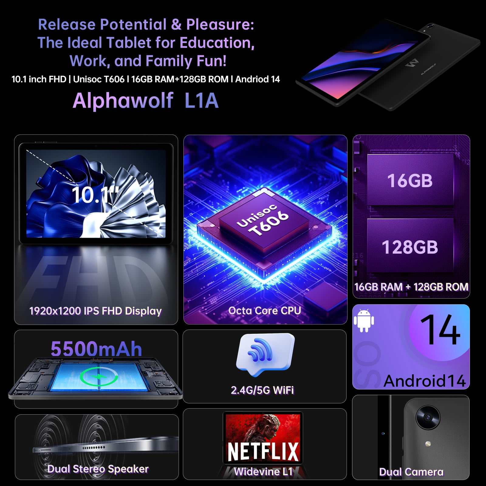 Free Shipping! Alphawolf Android 14 Tablet 10.1 inch FHD Display