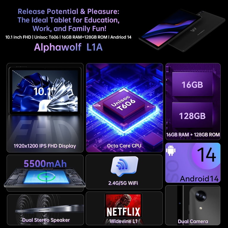 Free Shipping! Alphawolf Android 14 Tablet 10.1 inch FHD Display