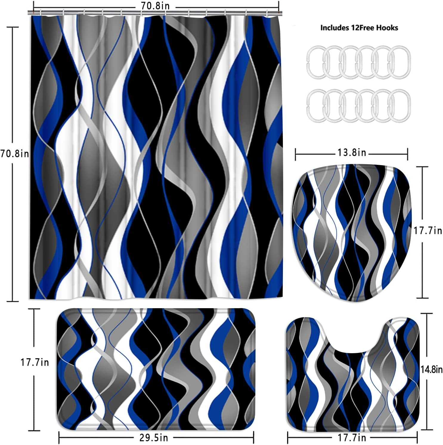 4 Pcs Blue Shower Curtain Black Bathroom Sets with and Rugs Grey Modern Striped Set White Decor Toilet Lid Cover Hooks