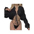 thumbnail image 3 of VISgogo Cárdigan fruncido con lazo para mujer, tops cortos de manga larga abullonada de color sólido para adultos (blanco) VISgogo  moda, 3 of 5